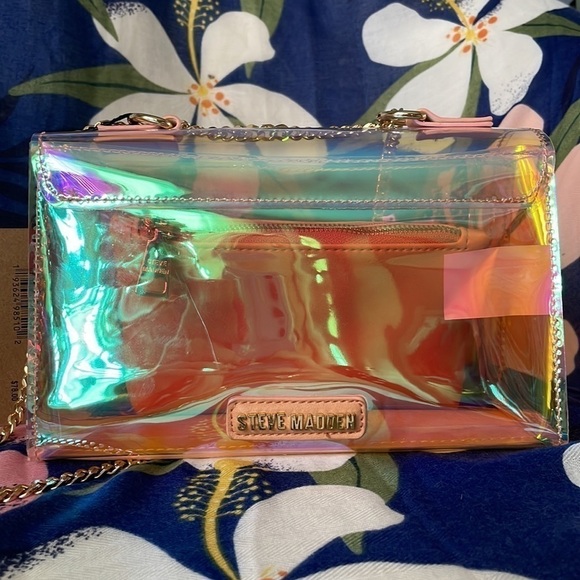 Brand New Steve Madden Iridescent Clear Chain Purse w/ Peachy Pink Inner Pouch - Picture 4 of 16